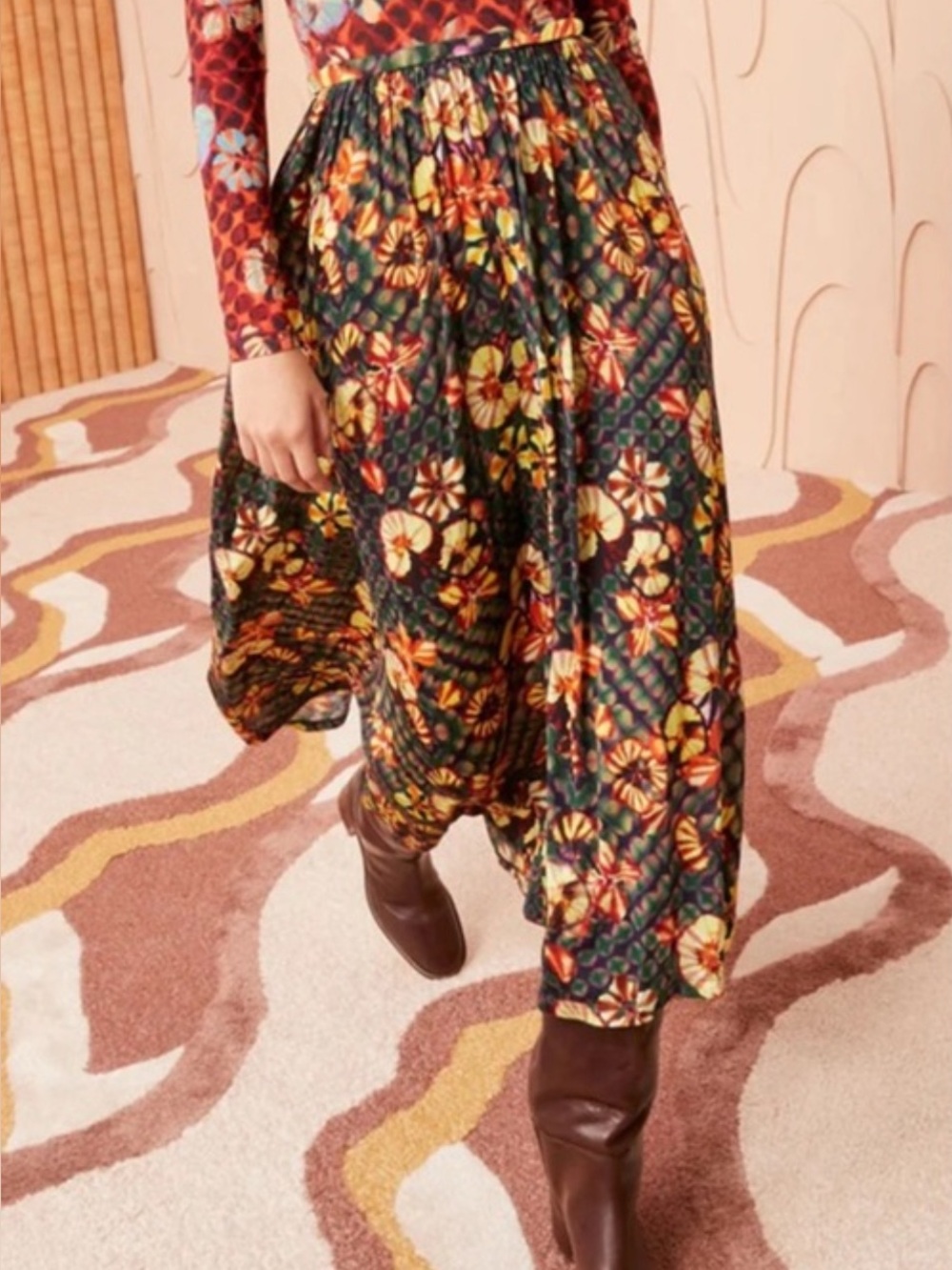 Ulla Johnson Jersey Floral Maxi Skirt in Dark Green Mix